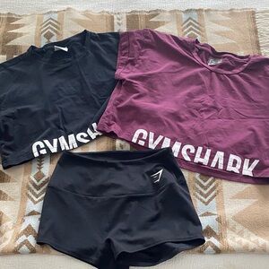 Gymshark Black and Maroon Crop Tops with Black Shorts